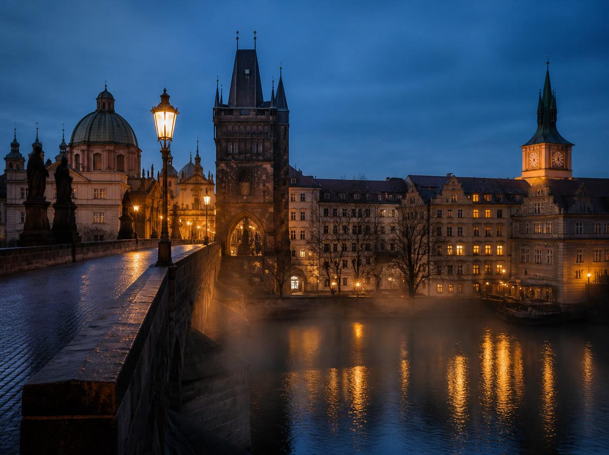 Historic European capital at blue-hour twilight