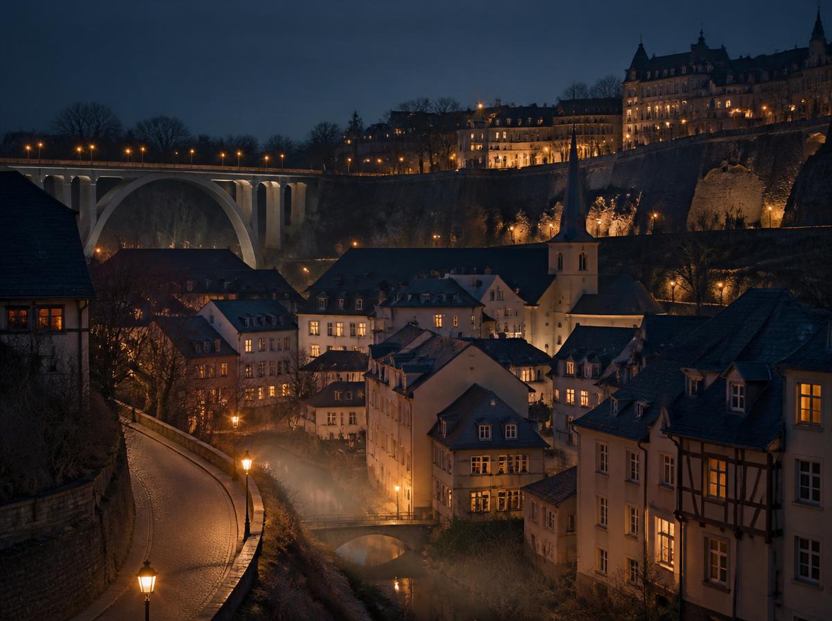 Luxembourg City's Grund quarter at dusk
