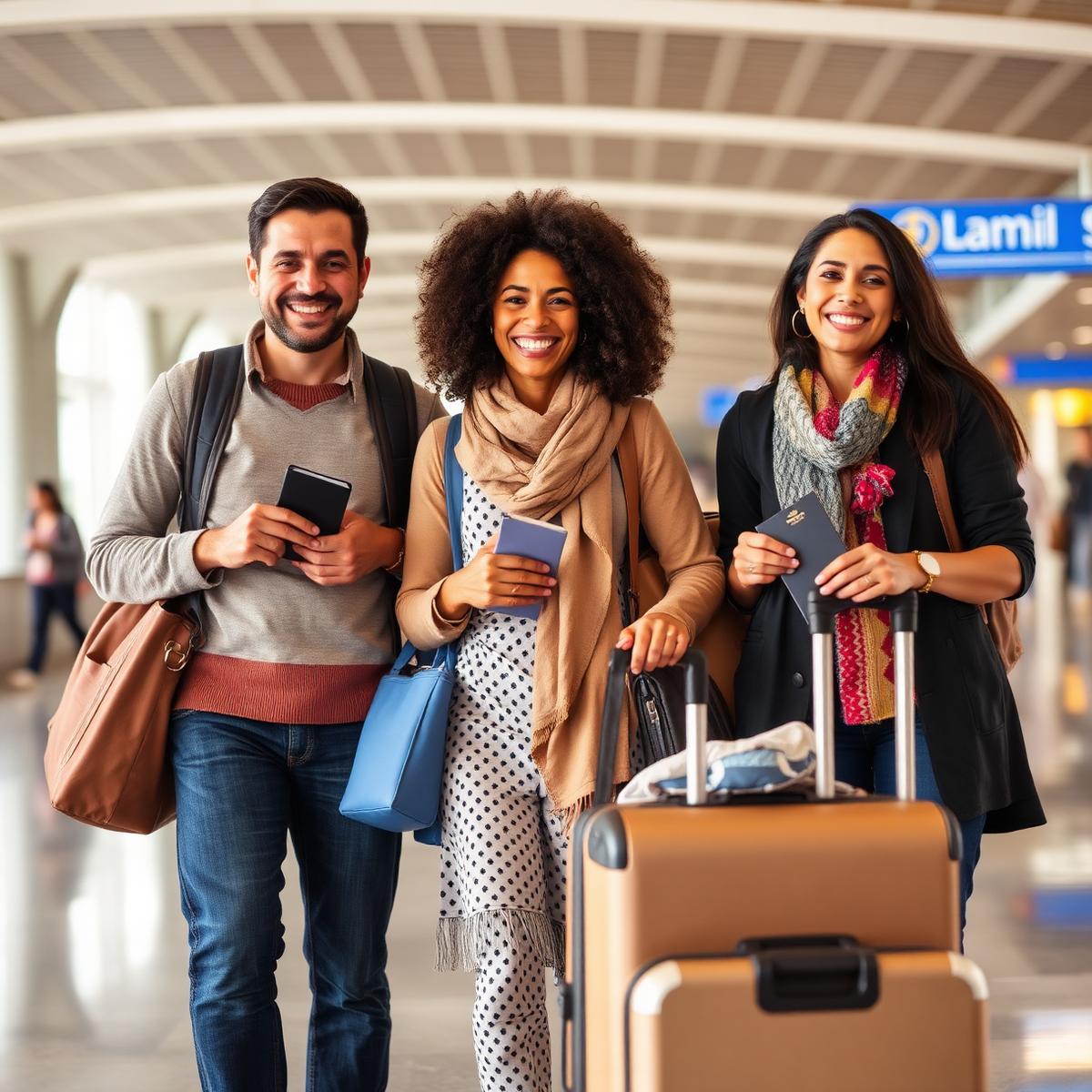 Family departing at the airport with passports