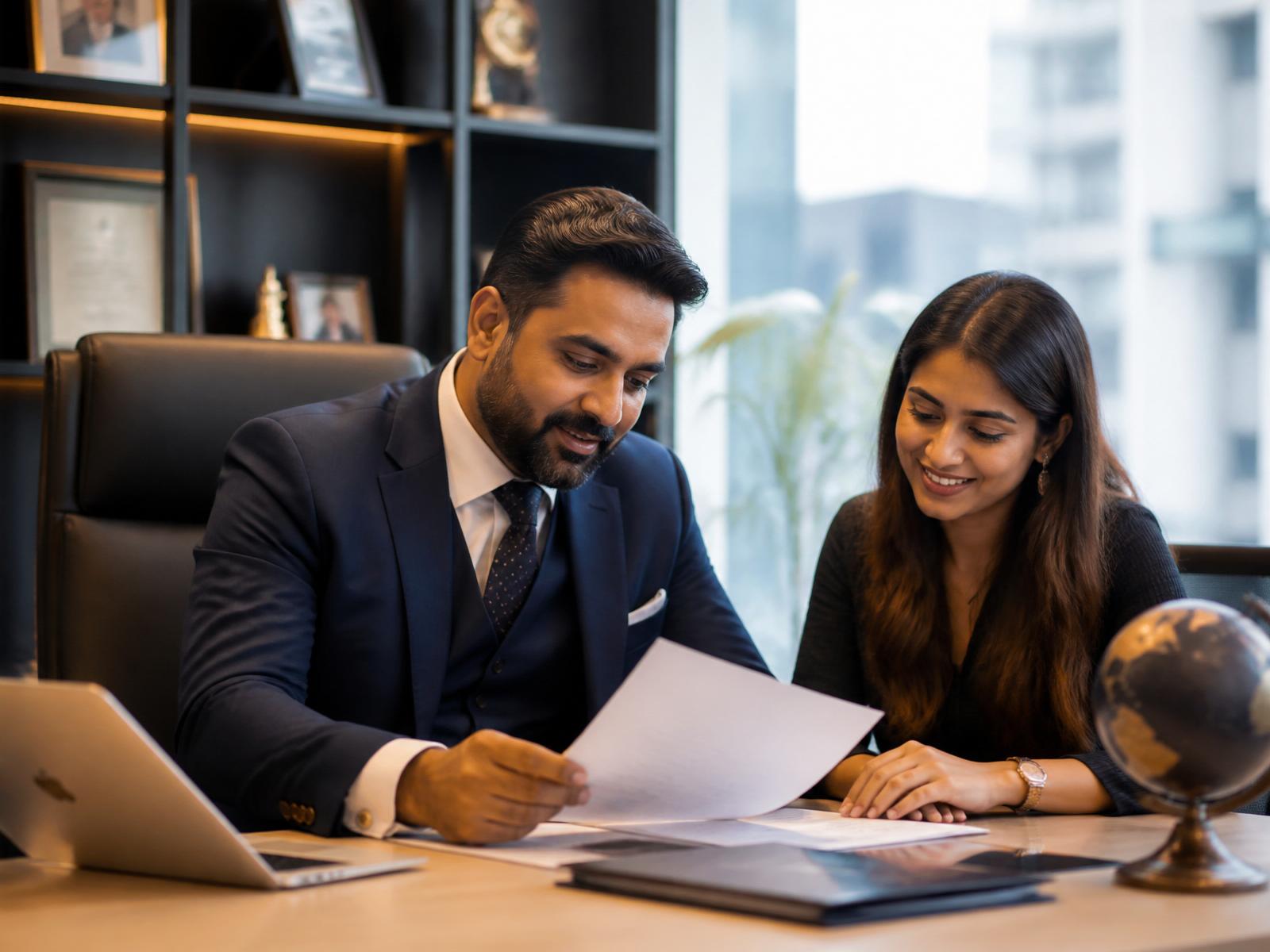 Immigration consultant reviewing documents with a client
